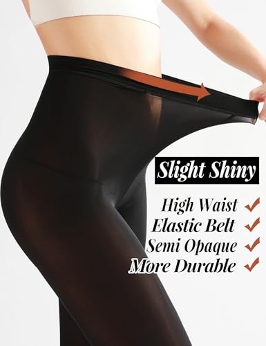 Image of 2 Pairs Slight Compression Shimmer Tights for Women, Semi Opaque High Waist Black Tights for Women, Black, Nude