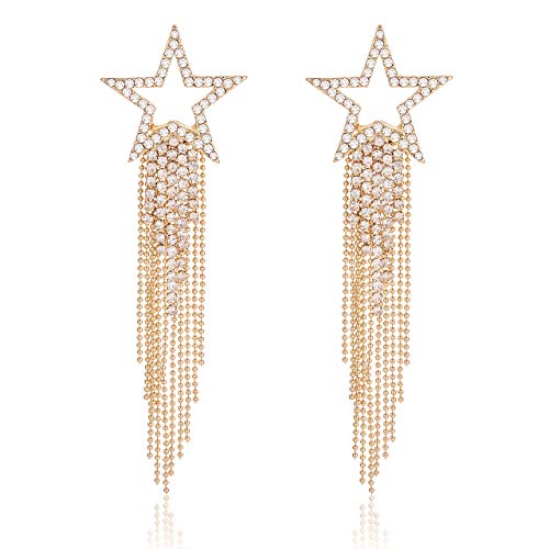 Womens alloy Tassel Earrings Star Ear Stud Pave Crystal Dangle Earrings Boho Waterfall Beaded Fringe Drop Earring (gold)