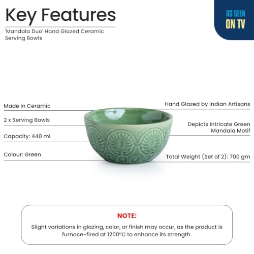 Image of ExclusiveLane 'Mandala Duo' Hand Glazed Ceramic Bowls for Serving Bowl Set (Set of 2, 440 ml, Microwave Safe, Dishwasher Safe, Green) | Kitchen Bowl Ceramic Serving Bowls for Snacks Serveware