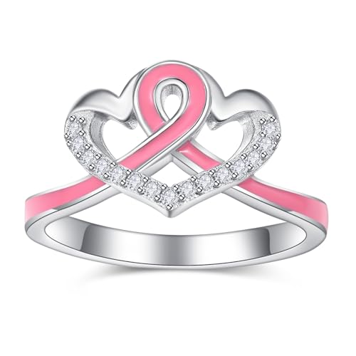 TANGPOET Anillo de plata de ley 925 con diseño de lazo rosa para sobrevivientes, regalo para mujeres, joyería de corazón para concienciación sobre el cáncer de mama, talla 7-9, Metal