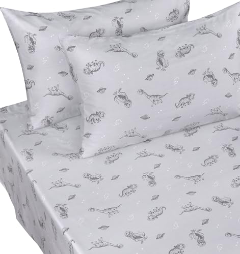 Image of Scientific Sleep Gray Dinosaur Space Walk Universe Travel 100% Cotton 4 Pcs Twin Bed Sheet Set Kids Toddler Teen, Flat Sheet & Fitted Sheet & Pillowcase Kids Bedding Set Full