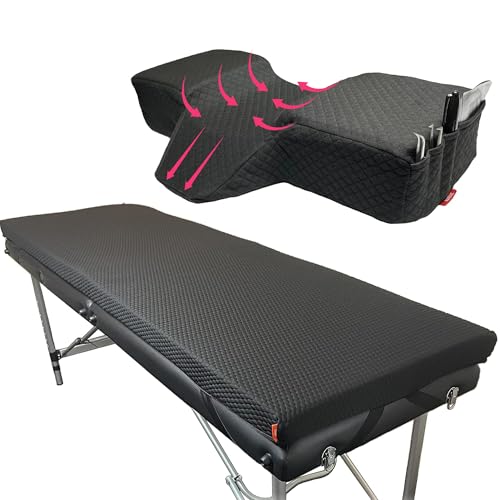 XOLLOZ | Lash Bed Mattress + Pillow | Comfortable Mattress Topper - with Four Corner Straps & Anti-Slip Bottom | Curved Lash Bed Pillow with Neck and Back Support, Two Pockets On The Sides