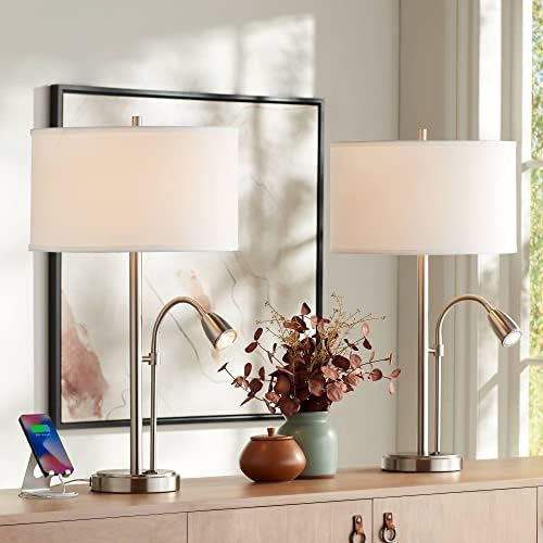 Possini Euro Design Traverse Modern Table Lamps 29.5" Tall Set of 2 with USB Charging Port LED Gooseneck Brushed Nickel White Drum Shade for Living Room Bedroom House Bedside Nightstand Home