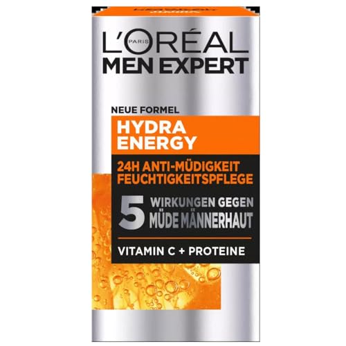 L'Oréal Men Expert Cuidado facial contra la piel cansada para hombres, crema hidratante revitalizante vitamina C, Hydra Energy, cuidado hidratante 24H, antifatiga, 1 x 50 ml
