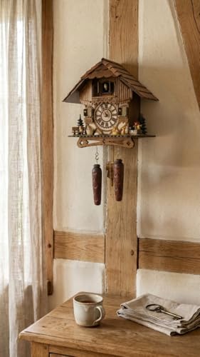 Cuckoo Palace Kuckucksuhr Blackforest Chalet mit Tiermotiven, Quarzwerk mit Musik, Holz, walnussfarben, Höhe 27 cm, batteriebetrieben, traditionelle Wanddekoration