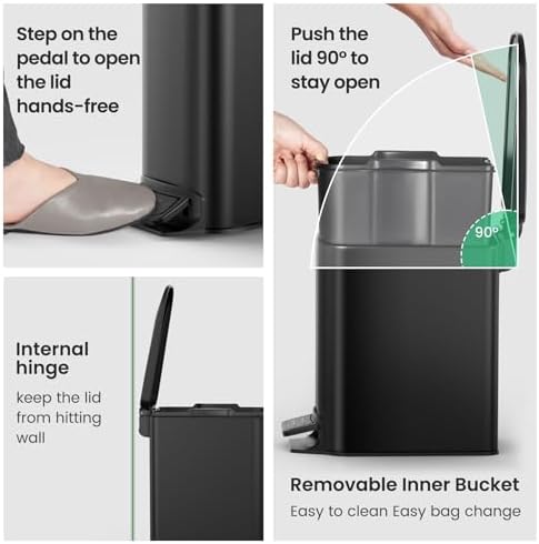 Cesun Small Bathroom Trash Can with Lid, 1.6 Gal, Soft Close, Matte Black - 3