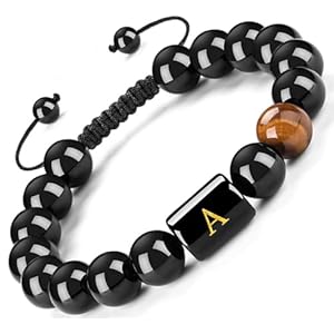 FRG Initials Bracelets for Men Letter Link Handmade Natural Black Onyx Tiger Eye Stone Beads Braided Rope Meaningful Bracelet