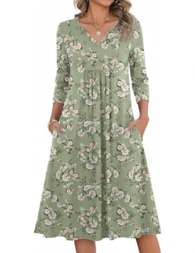 Image of Zeagoo Womens Dresses 3 /4 Sleeve Casual Fall A Line Midi Dress with Pockets