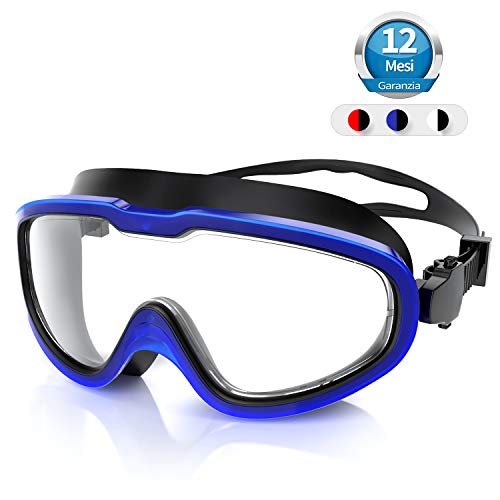 Fenvella Occhialini da Nuoto, Antiappannamento PC Lente Integrata con Protezione UV Impermeabile, occhialini Piscina in Silicone con Adatti per Adulti, Bambini (Nero Blu, Adulti)