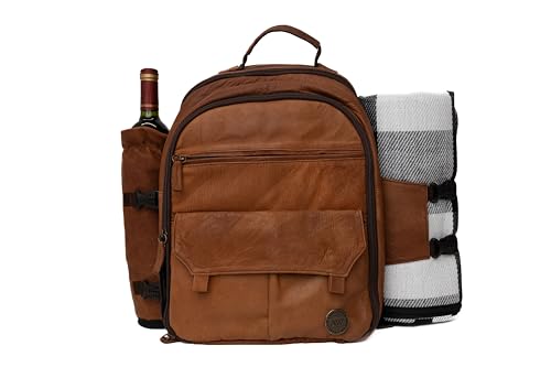 Argali Wines Premium Collection Genuine Leather Picnic Backpack for 4 | Insulated Compartment | Blanket | Dinner Plates | Cutlery Set | Luxury & Style | Ideal Gift for Women and Men (Brown)