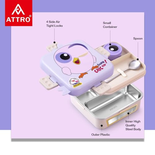 Image of ATTRO Carnival Super Birdy Lunch Box 2 Layer Stainless Steel Lunch Box Comes with 1 Detachable Tray, 1 Small Container & 1 Spoon Ideal for Kids BPA Free 1120ml+70ml- Snow Blue