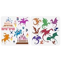 DOODLREAM 2Pcs Flying Dragon Castle Knight Stencils for Painting, 30 x 30cm Plastic Fantasy Stencil Drawing Template,DIY Craft Paint Templates for Wall Home Decor Wood Burning Canvas Journal Paper