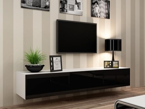 Support TV Meuble Vigo 180 Blanc et Noir Brillant pour Salon Moderne 30x180x40 cm