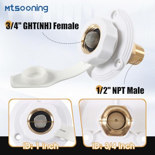 Image of RV City Water Fill Inlet with Check Valve, 3 /4 NH Female to 1 /2 NPT Male RV Water Hose Flange Brass Connector Replacement for RV Camper Motorhome Trailer Marine White