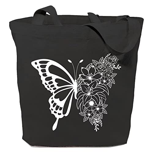 SAUIVD Floral Butterfly Canvas Tote Bag for Women Cute Graphic Reusable Handbags Funny Gift Grocery Shopping Tote Bag Black