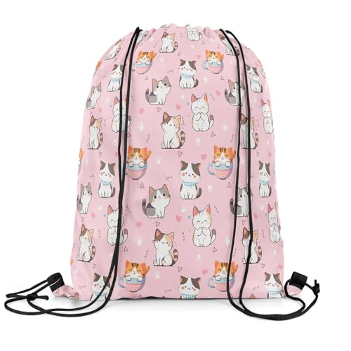 jejeloiu Pink Cat Sports Drawstring Sackpack Cartoon Cat Drawstring Backpack Cartoon Kiteen Print Drawstring Bags 13"x15.7" Animals Theme Waterproof Cinch Bag3