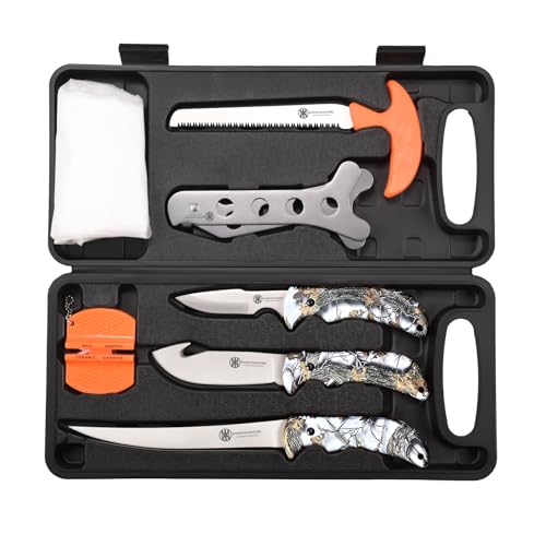 KNINE OUTDOORS Hunting Deer Knife Set Field Dressing Kit Portable Game Processor Set, Blue Handle, 8 Pieces