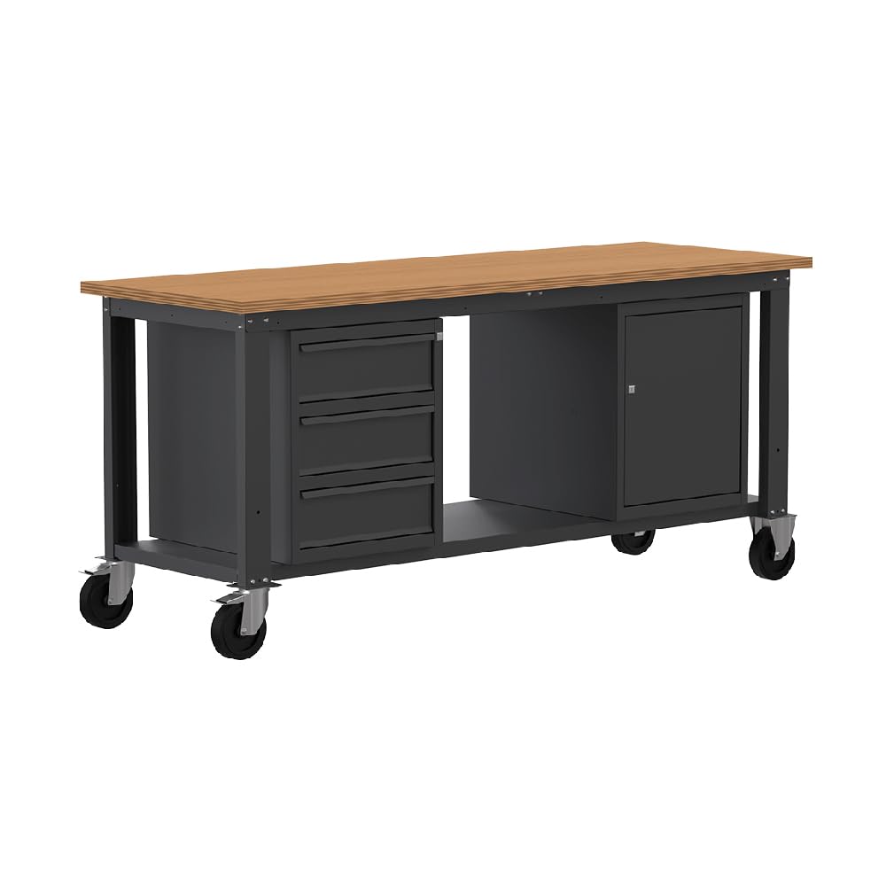 SOGI X3N_122LR Banco de trabajo con ruedas 2 m - tablero de madera - 3 cajones + armario con puerta