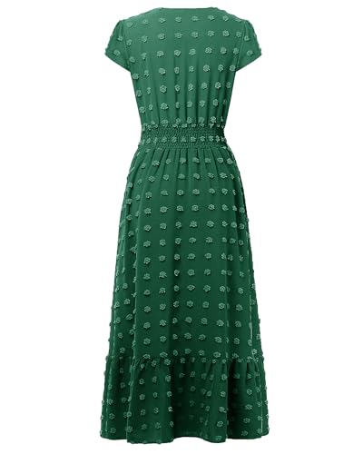 Image of CzzzyL Women Nursing Boho Maxi Dresses Cap Short Sleeve V Neck Swiss Dot High Waisted A-Line Ruffle Tiered with Pockets