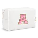 Personalized Makeup Bag Initial A-Z Preppy Patch Bag,Small PU Leather Travel Cosmetic Bag Pouch with Zipper,White Cute Toiletry Bag,Gift Ideal for Teen Girls Women Birthday Friend Mom,Letter A
