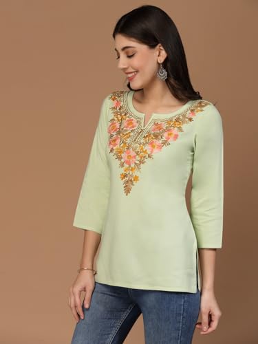 Image of QAZMI Women's Rayon Cotton Straight Keyhole Neck Three-Quarter Sleeves Israa Kashmiri Embriodered Short Kurti