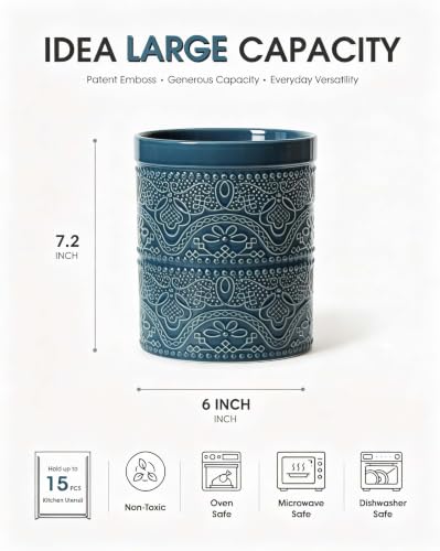 Image of FUN ELEMENTS Kitchen Utensil Holder, 7.2 inch Super Large Utensil Crock Heavy and Stable Lace Emboss Ceramic Utensil Holder for Kitchen Counter (Grayish Blue)