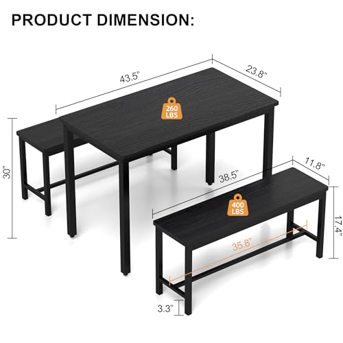 FOCALSWEET Dining Table Set for 4, Kitchen Table with 2 Benches, 3-Piece Wood Dining Room Furniture Dinette Chairs Sets for Breakfast Nook and Small Space, Black