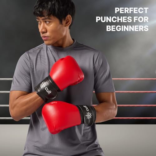 Image of Cult Neo Boxing Gloves 14 OZ - Pro-Style Training Gloves for Sparring, Heavy Bag & Mitt Work - Premium PU Leather, Shock Absorbing Padding, Ergonomic Design with Wrist Support - Red & Black