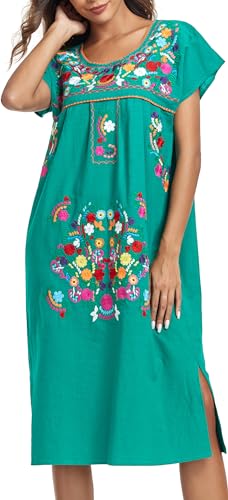 Image of YZXDORWJ Women Mexican Embroidered Long Dress Ruffle Collar Maxi Boho Floral Summer Short Sleeve