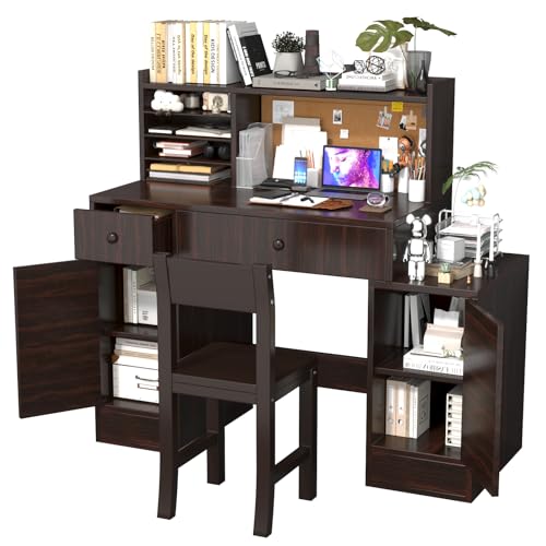 RUPOLX Espresso Wooden Kids Desk and Chair Set,Kids Study Table and Chair Set with 2 Draws & 4 Cabinets,Kids Study Desk with Closable Large Storage Cabinet,Girls Study Desk for Kid for Bedroom-gkzhOU