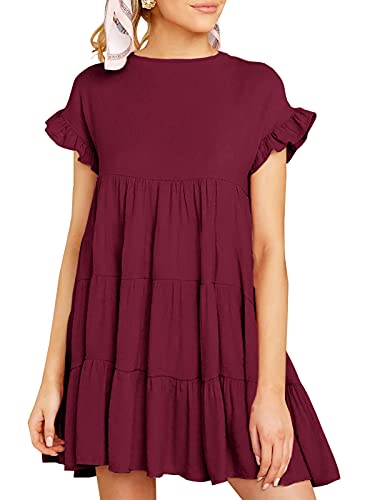 Image of Imysty Womens Boho Floral Ruffle Sleeve Babydoll Loose Flowy Casual Summer Pleated Mini Dress