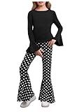 WDIRARA Girl's 2 Piece Flounce Sleeve Top and Leopard Print Bell Leg Bottom Pants Set Black Dots 8Y