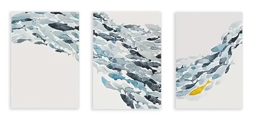 Affiches sur toile de poissons dorés PMCTAZ | Lot de 3 images aquarelle bleues pour salon