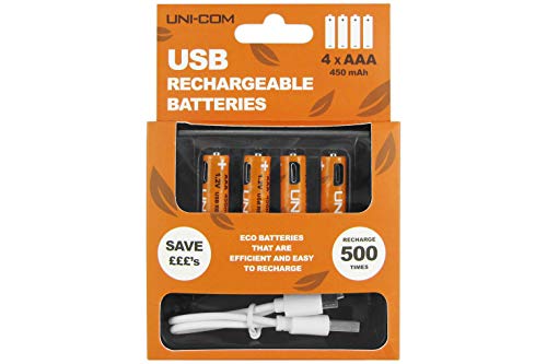 UNI-COM 450mAh USB Rechargeable Ni-MH AAA Batteries with Micro USB Cable - Pack of 4