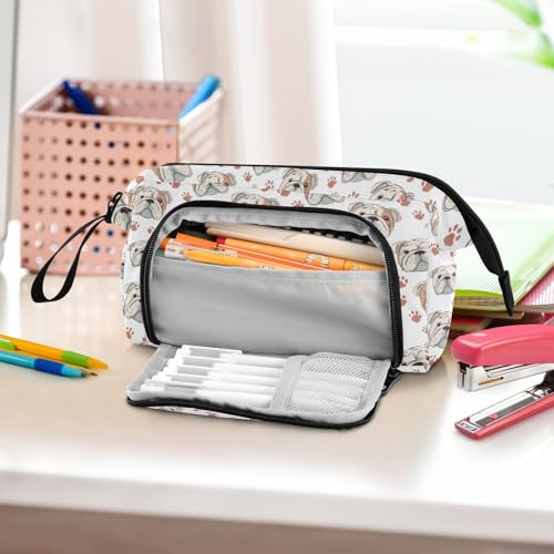 Image of English Bulldog Dog Paw Print Pencil Bag with Unique Side-Open Mouth Design Large Capacity for 40-60 Pens Ideal for Students Writers Artists Travel Office & School Supplies