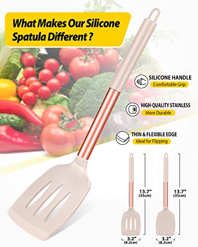 Image of Pack of 2 Silicone Solid Turner ,Non Stick Slotted Kitchen Spatulas ,High Heat Resistant BPA Free Cooking Utensils ,Ideal Cookware for Fish ,Eggs ,Pancakes (ROSE GOLD KHAKI)