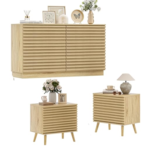 Image of BREEZEHEAT Fluted Dresser and Nightstand Sets 3 Piece-23 inch Wide End Table Set-Mid Century Modern Wood Bedside Table with 2 Large Drawers, Accent Side Table for Bedroom, Living Room, Natural Oak