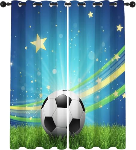 Cortinas Opacas Futbol Cortinas Térmicas Aislantes con Ojales 2 Piezas 3D Campo de Futbol Cortina Blackout para Ventanas Pequeñas Dormitorio Infantil 2X 75x166 cm A/3524
