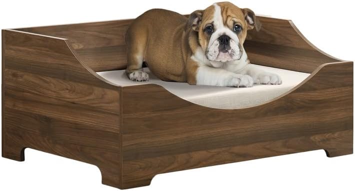 Gibson Brown Alder Wood Dog Bed Frame – 36" Wide Modern Comfy Pet Bunk Bed with Cushion