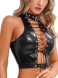 ACSUSS Women's Sexy Sleeveless PU Leather Bustier Crop Tube Top Rave Dance Cutout Cami Tanks Black Small