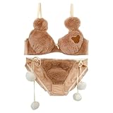 Dodatota Cute Plush Bear Gathered Padded Bra and Panty Set - Wire Bra Animal Anime Cozy Warm Fuzzy Lingerie for Women (Brown,30C/32AB)