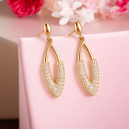 Image of Nilu's Collection Rose Gold Plated American Diamond Drop Earrings for Women And Girls | Anti-Tarnish | Anti-Allergy | Office Wear | Gift For Her