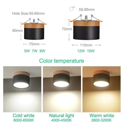 Foco de luz de techo LED de madera negra y 7W regulable para decoracion de interiores 5