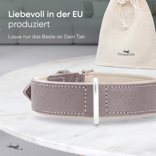 FREUDENTIER Hundehalsband aus Leder, Made in EU, gefüttert & super komfortabel, hochwertiges breites Lederhalsband aus Vollnarbenleder, Model “Amstelpark” (42-52cm Halsumfang, Graubraun)