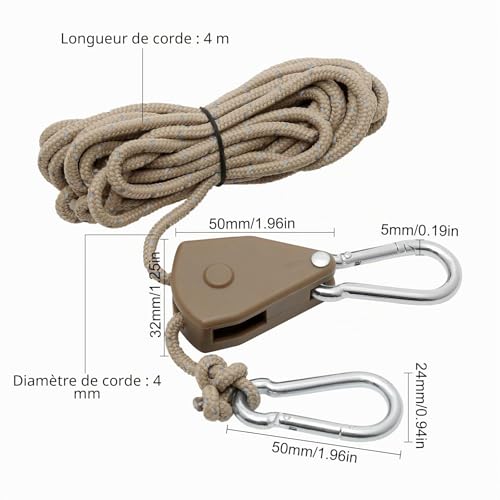 2 Pièces Corde à Cliquet Réglable 4M, Poulie à Cliquet Kaki 1/8 avec 2 Replacement Crochets, Tendeur de Corde à Cliquet Réfléchissante pour Lampe Plantes Tente Randonnée – vue 2