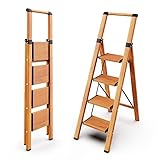 WOA WOA 4 Step Ladder, Foldable Aluminum Ladder, Portable Lightweight Stepladder with Anti-Slip Wide Pedal, Tall Step Stool with Handgrip for Library Office Home 330lbs - Wood Grain