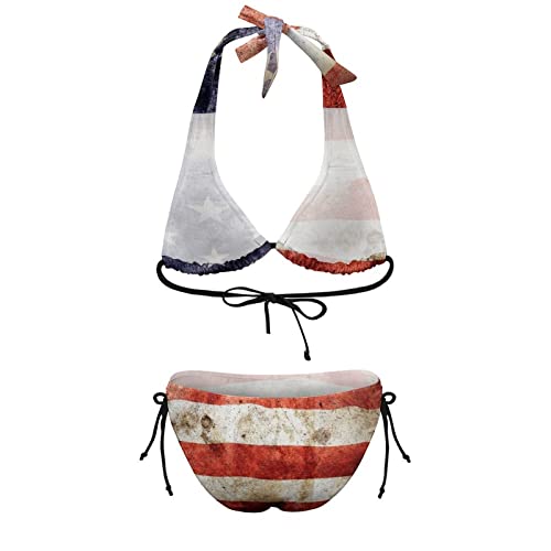 Image of Womens American Flag Bikini Swimsuit Sexy String Halter 2 Piece Triangle Bathing Suits