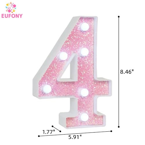 Image of Pink Glitter Marquee Light Up Numbers, LED Number Lights Battery Operated for Girls 4th 14th Pink Birthday Party Table Decorations, Wall Decor for Girls Bedroom, Number 4 Sign Cool White Lights
