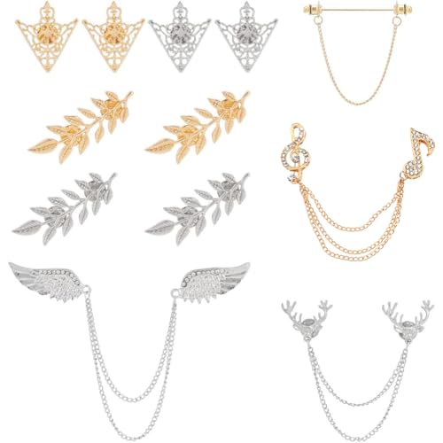 Image of PH PandaHall 12pcs Tassel Chain Brooch Collar Pins 8 Styles Wing Double Link Chains Tie Clips Chain Leaf Flower Lapel Pin Retro Shirt Collar Decoration for Men Women Shirt Suit Tuxedo Tie Hat Scarf