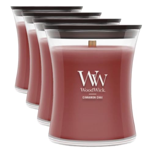 Image of WoodWick Cinnamon Chai Holiday Candle Gifts for Women and Men, Medium Hourglass Candle with Crackling Wick, 9.7 oz (Pack of 4)